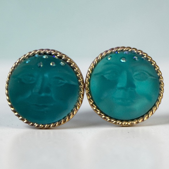 Stunning Kirk's Folly Teal Moon Face Stud Earrings 3/4" Gold Tone Celestial NEW - Picture 2 of 5